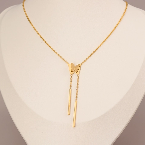 Elegante Collar de Mariposa de Acero de Titanio Chapado en Oro con Borla Larga Cadena de Eslabones Joyería Minimalista Mujer