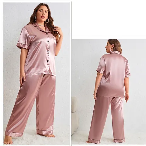 Damen Übergröße Satin Schlafanzug Set Kurzarm Oberteil Und Lange Hose Reverskragen Knöpfe Nachtwäsche Kontrastpaspel