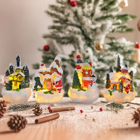 LED Light-Up Christmas Village House Figurines Resin Santa Claus Snowman Snow House Miniature Holiday Desktop Decor