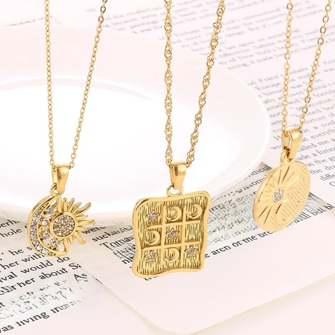 Collana In Acciaio Inossidabile Placcato Oro 18K Zircone Incastonato Pendente Sole Luna Stella Gioielli Vintage Per Donne