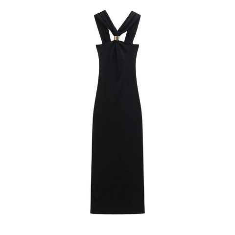 Damen Kleid Im Französischen Stil Gestrickt Neckholder Elegant V Ausschnitt Ärmellos Sommer Maxi Kleid Mit Metallschnalle