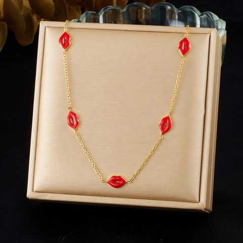 Rode Lippen Ketting En Oorbellen Roestvrij Staal Verguld Emaille Sexy Mode-sieraden Voor Dames