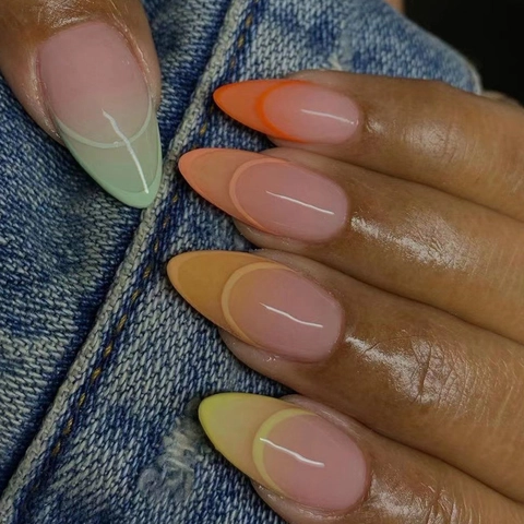 Almond Shape Press On Nails French Tip Gradient Macaron Colorful Artificial False Nails For Women Glossy