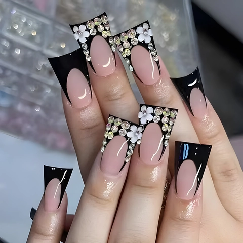 French Tip Kunstnägel Zum Aufkleben Mit Strasssteinen Und 3D Blumen Entenschnabel Sargform Glänzende Luxus Künstliche Nägel