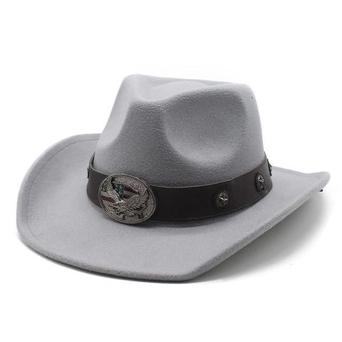 Western Cowboy Hat Woolen Felt With Metal Eagle Buckle Star Rivets Wide Brim Vintage Ethnic Style For Men Women