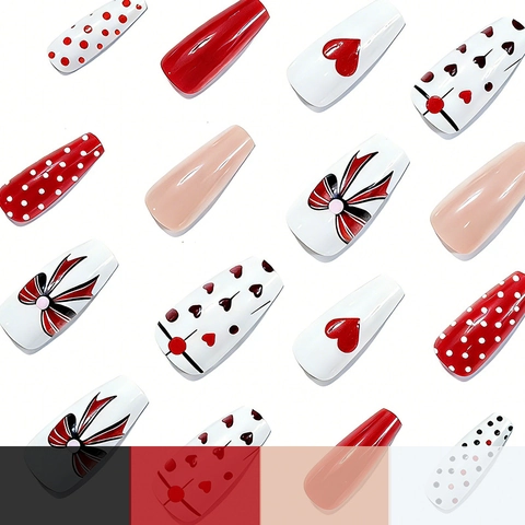 Unghie Finte Lunghe A Bara Unghie Artificiali Plastica ABS Rosso Bianco Dolce Cuore Fiocco Pois Festa San Valentino