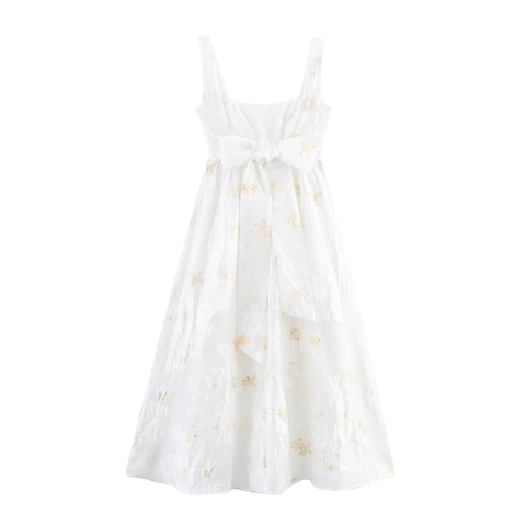 Elegante Abito Lungo Bianco Con Ricamo Floreale Dorato Vita Alta Senza Maniche Linea A Tessuto In Rete Grande Fiocco Per Donna