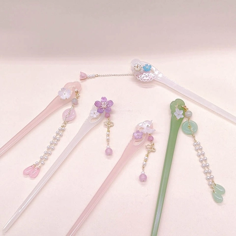 Pic À Cheveux Fleur En Acétate Avec Long Gland Style Chinois Traditionnel Résine Künstliche Perle Fourche À Cheveux Femme Bijou Hanfu