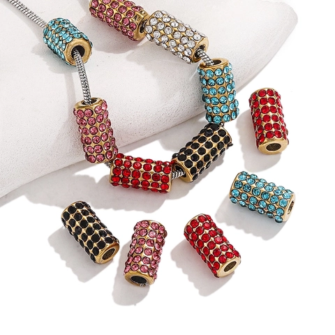 Full Rhinestone Spacer Beads 18K Gold Plated Stainless Steel Large Hole Cylindrical Beads For DIY Jewelry Making