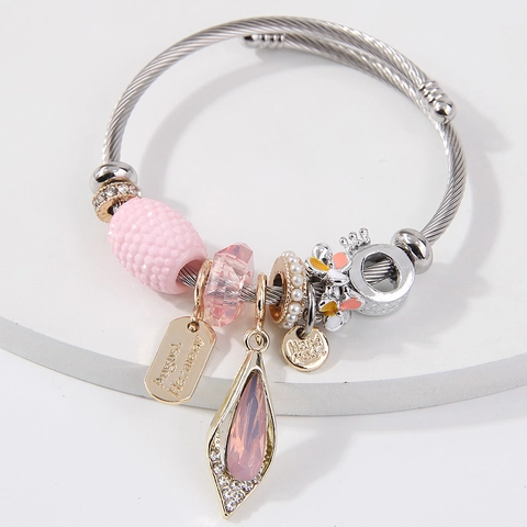 Women Beaded Bangle Bracelet Stainless Steel Wire Alloy Crystal Charm Twisted Cable Elegant Jewelry