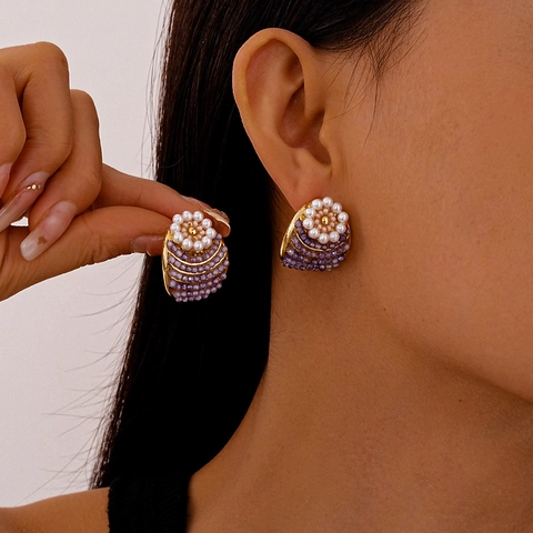 Orecchini A Lobo Floreali Con Perline Di Vetro Viola Stile Vintage Francese Con Perla Artificial Imitazione E Perno In Argento