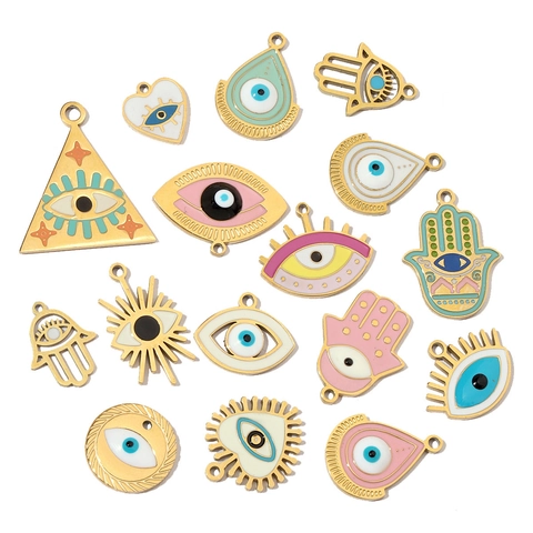 Μενταγιόν Evil Eye Hamsa Hand Από Ανοξείδωτο Χάλυβα Πολύχρωμα Σμάλτο Για Κατασκευή Κοσμημάτων DIY Μποέμ Στυλ