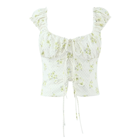 French Retro Floral Puff Sleeve Crop Top Square Neck Front Tie Smocked Polyester Sweet Blouse For Women