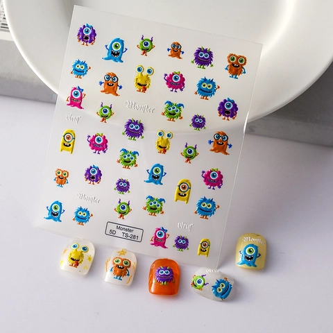 Stickers Art Des Ongles Relief 5D Monstres Dessin Animé Mignons Gaufré Auto-Adhésif Décoration Manucure Coloré