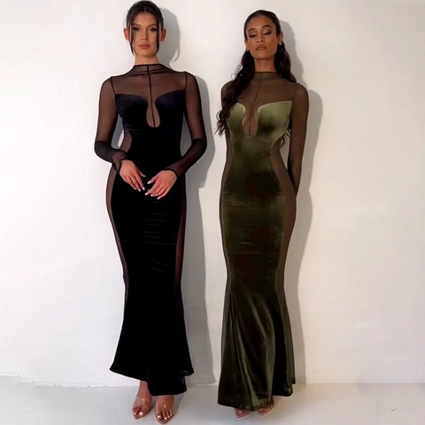 Sexy Fluweel En Mesh Splicing Bodycon Maxi Jurk Lange Mouwen Hollow Out Perspectief Avondfeest Voor Vrouwen