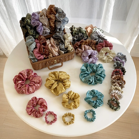 Shiny Metallic Luster Scrunchies Retro Pleated Elastic Hair Ties French Style Elegant Ponytail Holders Accessories For Women