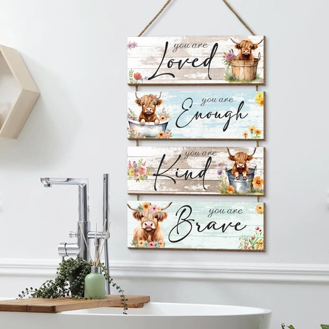 Pastoral Highland Cow Wooden Wall Decor Flower Pattern Inspirational Quotes Hanging Sign For Home Bathroom Decoration