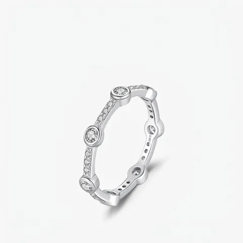 Geometric 925 Sterling Silver Ring For Women Sparkling Round Cubic Zirconia Half Eternity Band Elegant Jewelry Gift