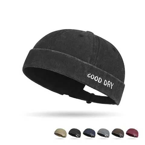 Washed Cotton Docker Hat Brimless Vintage Miki Hat Adjustable Retro Letter Embroidery Casual Streetwear For Men Women