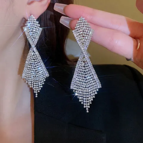 Geometric Crossover Tassel Earrings Rhinestone Copper With 925 Sterling Silver Earring Post Luxury Sparkly Party Women