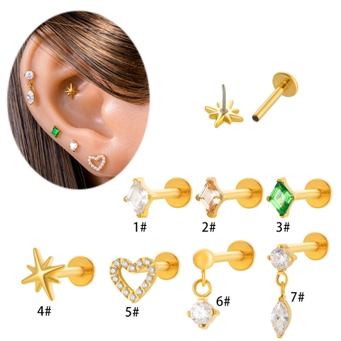 Σκουλαρίκια Labret Από Κράμα Τιτανίου Με Ζιργκόν Για Πιρσινγκ Αυτιού Καρδιά Αστέρι Τετράγωνο Κόσμημα Σώματος Γυναικείο Χρυσό Ασημί