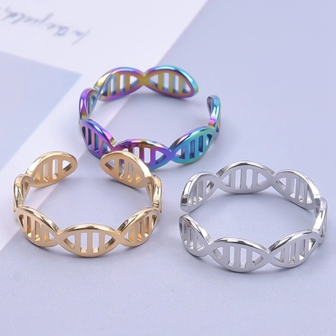 Anillo Doble Hélice DNA Acero Inoxidable Hueco Ajustable Abierto Ciencia Geométrico Minimalista Joyería Hombres Mujeres