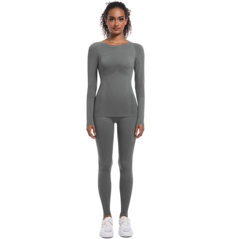 Dames Naadloze Yoga Pakken Hoge Taille Lange Mouwen Top En Leggings Ademende Workout Fitness Nylon Spandex