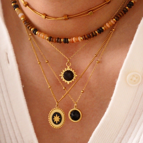 Mode Edelstahl Schwarzer Onyx Anhänger Halskette Für Damen Retro Geometrischer Stern Charm Naturstein Eingelegter Schmuck