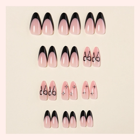 Unghie Finte Mandorla Rosa French Tip Nera Con Fiocco E Strass Stella Design Elegante Dolce Per Donne