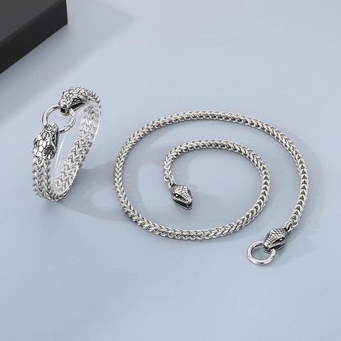 Collar Y Pulsera Punk Hip Hop Para Hombre De Acero Inoxidable Cabeza De Serpiente Cadena Trenzada Joyería Metálica