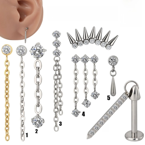G23 Titanium Internally Threaded Labret Stud Zirconia Inlaid Chain Tassel Lip Ring Body Piercing Jewelry For Women Men