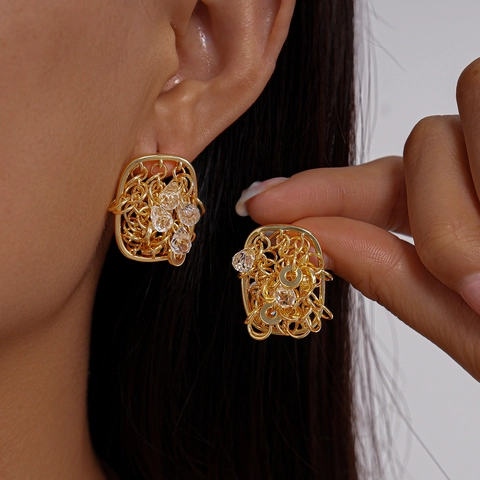 Pendientes De Botón Cuadrados Geométricos Huecos Con Cuentas De Vidrio Y 925 Sterling Silver Earring Post Latón Chapado En Oro