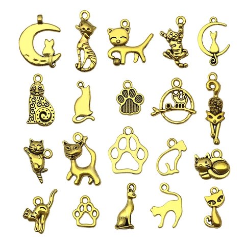 Cartoon Alloy Cat Charms For Jewelry Making DIY Antique Gold Silver Cat Paw Moon Pendants For Keychain Bracelet Necklace