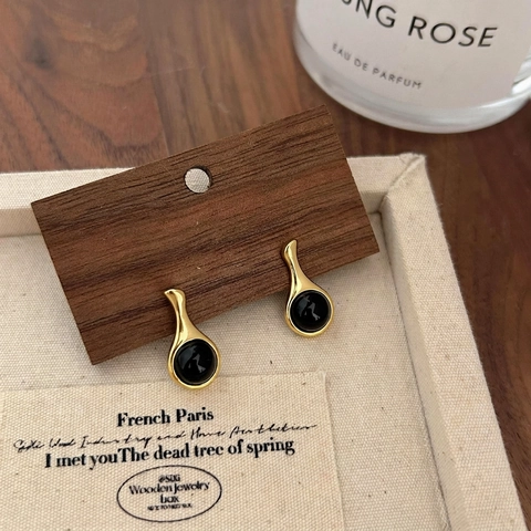 Pendientes De Botón De Plata De Ley 925 Con Onix Negro Redondo Forma De Gota De Agua Estilo Coreano Elegante Mujer
