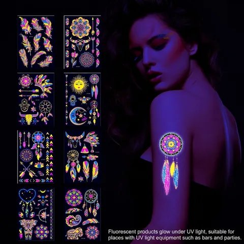 Fluorescent Temporary Tattoo Stickers UV Glow Waterproof Gold Stamping Bohemian Style Body Art For Music Festival Party