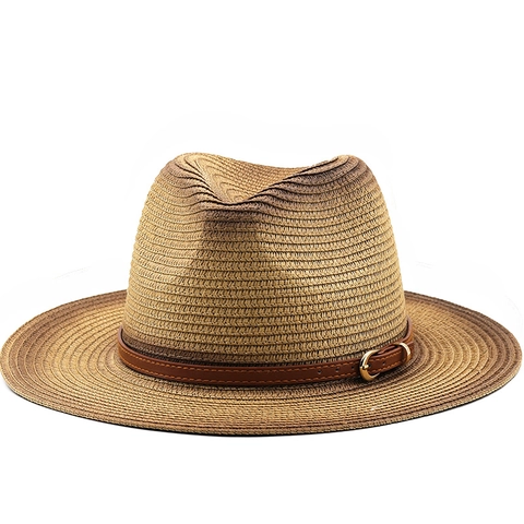 Fedora Straw Hat Gradient Color Wide Brim Sun Protection Breathable Jazz Cowboy Hat With Leather Band For Men Women