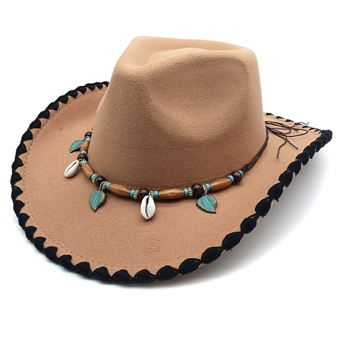 Western Cowboy Hat Retro Felt Fedora With Ethnic Beaded Band Shell Metal Leaf Pendant Woven Brim For Men Women