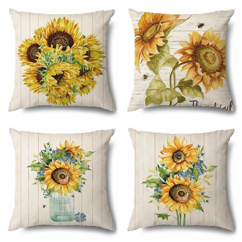 Sonnenblume Deko Kissenhülle Leinenmischung Floral Kissenbezug Für Sofa Bauernhaus Heimdekoration Vintage Stil