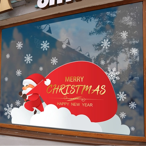 Santa Claus Window Stickers Christmas Decoration PVC Static Cling Snowflake Glass Door Decal Festive Double Sided Holiday
