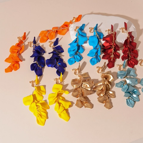 Flower Petal Long Tassel Clip-on Earrings Alloy Acrylic Non-pierced Dangle Bohemian Fashion Jewelry For Women