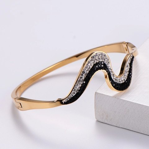 Bracciale Rigido A Onda In Acciaio Inossidabile Con Strass Neri E Bianchi Gioielli Di Lusso Minimalisti Per Donna