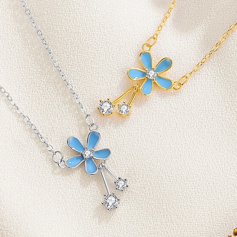 Collana con Pendente a Fiore Blu in Argento Sterling 925 per Donna Lusso Leggero con Zirconia Intarsiata Placcata Oro Gioielli