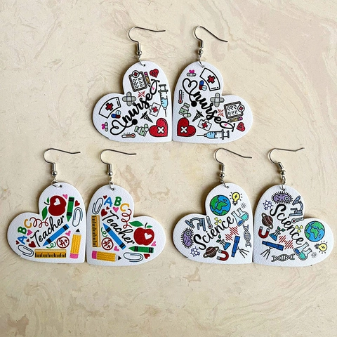 Herzförmige Hängeohrringe Aus Kunstleder PU-Material Berufsthema Lehrer Krankenschwester Wissenschaft Geschenke Leichter Schmuck