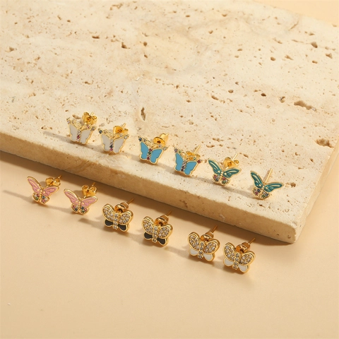 Vintage Minimalist Copper Butterfly Stud Earrings With Colorful Zirconia Enamel Butterfly Jewelry For Women Daily Party Accessorie