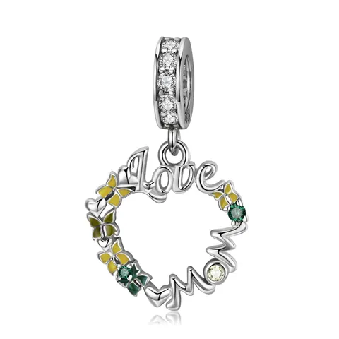 925 Sterling Silber Herz Charm Love Mom Anhänger Mit Emaille Schmetterling Und Bunten Zirkonia Für Armband Und Kette