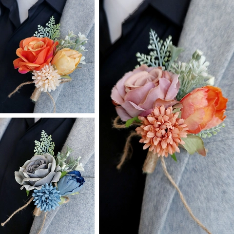 Wedding Boutonniere Artificial Satin Rose Flower With Hemp Rope Wrap For Groom And Groomsmen Vintage Party Banquet Accessories