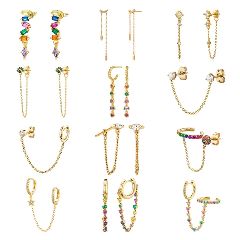 Stud Earrings For Women With 925 Sterling Silver Earring Post Zircon Rainbow Chain Copper Jewelry Elegant Fashion
