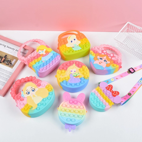Pop It Fidget Crossbody Bag For Kids Silicone Rainbow Cartoon Sensory Stress Relief Toy Shoulder Purse