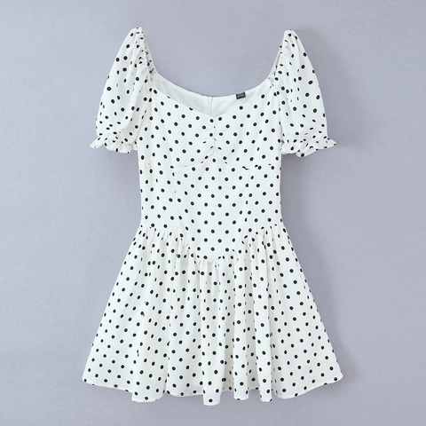 French Style Polka Dot Polyester Mini Dress With Bubble Sleeves And Square Neck Ruffled A-Line Summer Elegant Short Dress