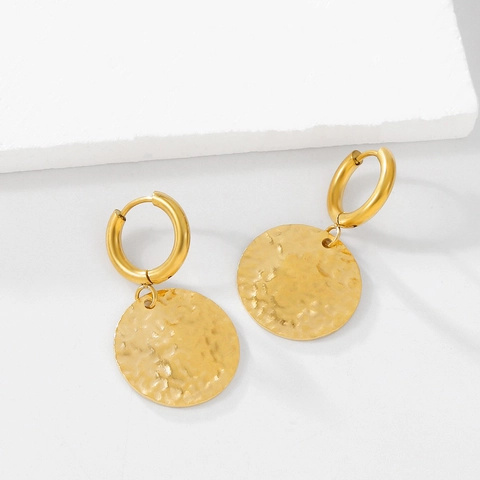 Minimalist Stainless Steel Hammered Round Drop Earrings Gold Plated Geometric Fashion Jewelry Gift For Women